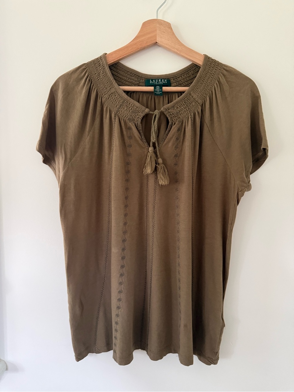 Lauren Ralph Lauren Short Sleeve Olive Tassel Peasant  Top